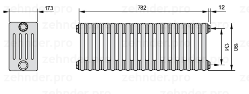 Схема (чертеж) Радиатор Zehnder Charleston 5019/17 №7610 Белый глянцевый RAL 9016